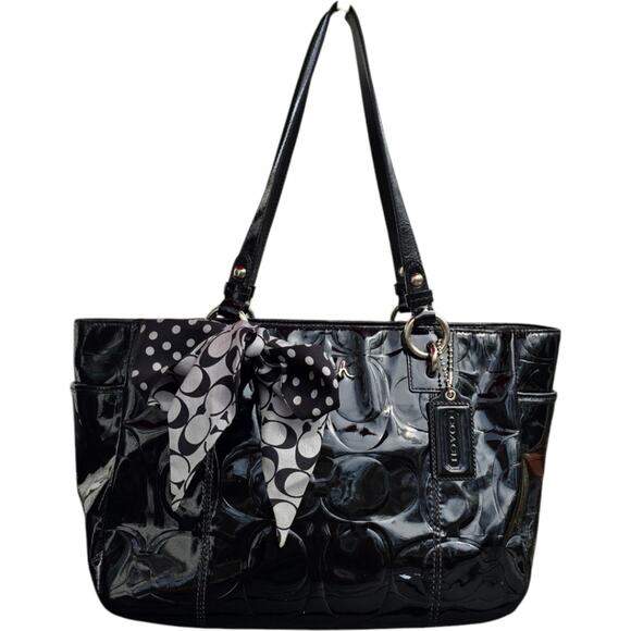Coach East West Embossed Gallery Tote Black Patent Leather w/ Scarf F17723 - Picture 1 of 16